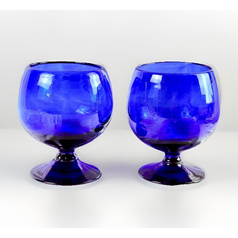 Vintage Cobalt Blue Glass Snifter Goblets Hand Blown Art Set of 2 Footed Heavy